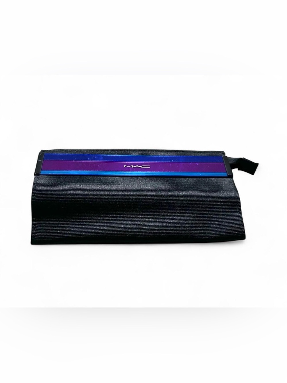 MAC black makeup bag with horizontal blue and purple stripes new without tags